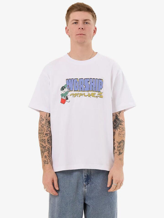 Image of a model wearing Tops. Productname: Worship Pyrotechnics Tee in White colour by brand - Worship