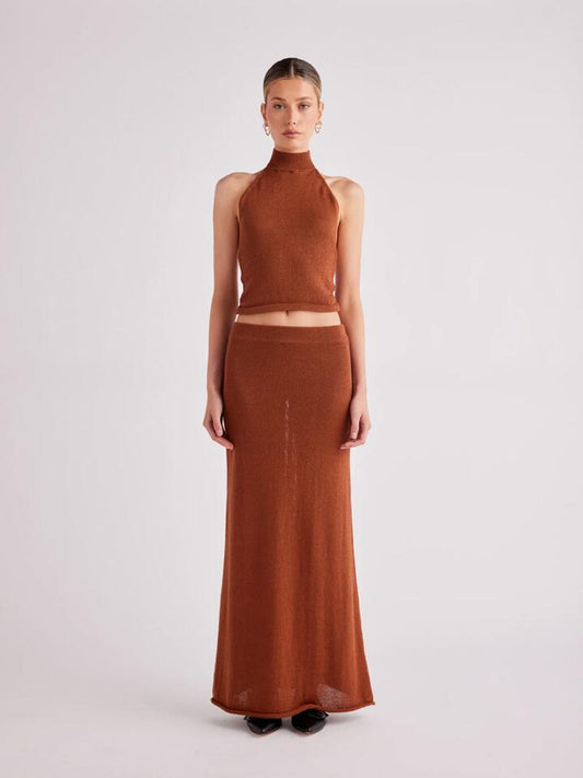 Image of a model wearing Tops. Productname: SNDYS Cali Halter Top in Nutmeg colour by brand - SNDYS