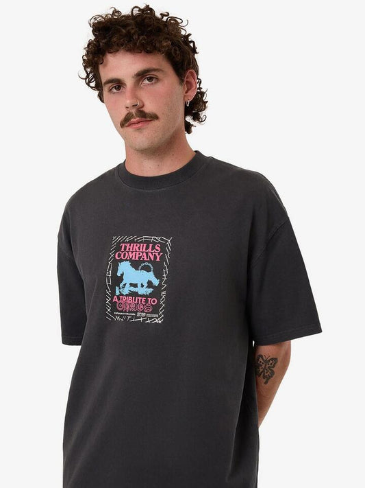 Image of a model wearing Tops. Productname: Thrills Chain of Formation Oversized Tee in Charcoal colour by brand - Thrills