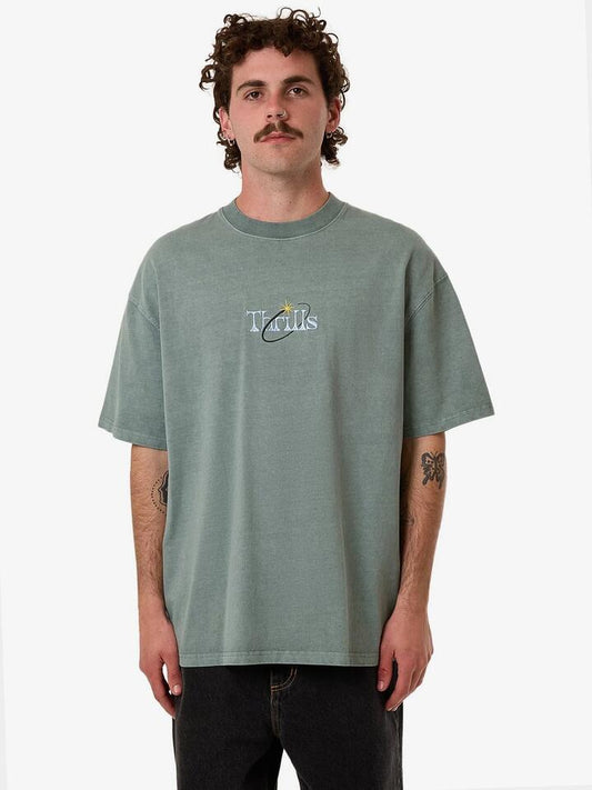 Image of a model wearing Tops. Productname: Thrills Ambient Connections Box Fit Oversize Tee in Chinois Green colour by brand - Thrills