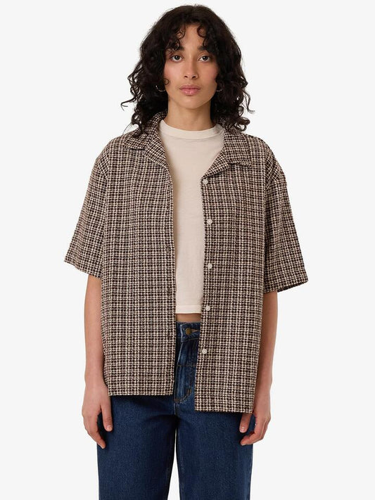 Image of a model wearing Tops. Productname: Thrills Hazed Adrianna Shirt in Coffee colour by brand - Thrills