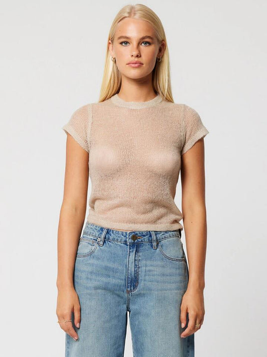 Image of a model wearing Tops. Productname: Abrand Baby Knit Tee in Mushroom colour by brand - Abrand