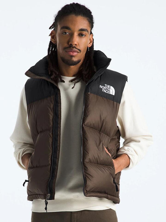 Image of a model wearing Tops. Productname: The North Face Mens 1996 Retro Nuptse Vest in Smokey Brown/Tnf Black colour by brand - The North Face