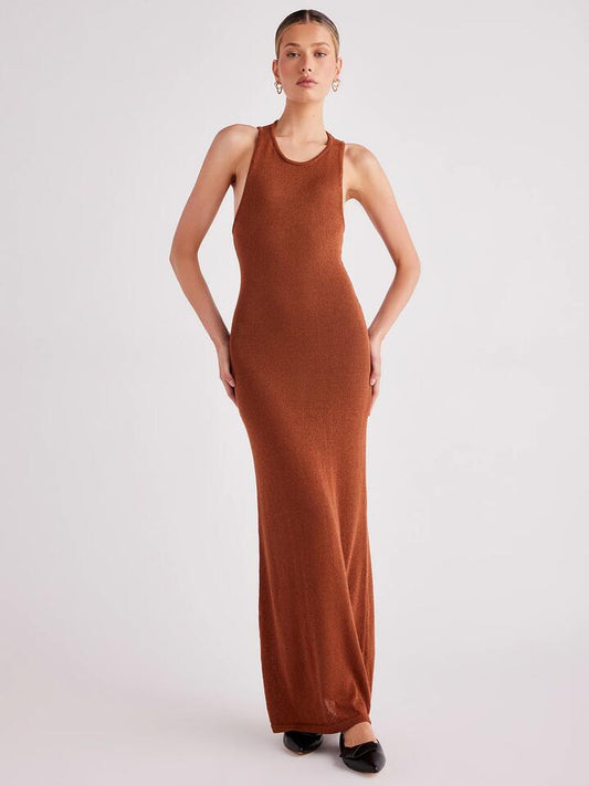 Image of a model wearing Dress. Productname: SNDYS Cali Maxi Dress in Nutmeg colour by brand - SNDYS