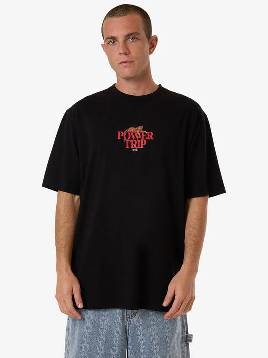 Image of a model wearing Tops. Productname: Thrills Power Trip Tee in Black colour by brand - Thrills