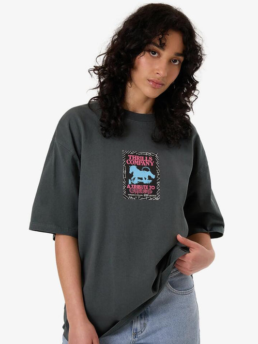 Image of a model wearing Tops. Productname: Thrills Chain of Formation Oversized Tee in Charcoal Blue colour by brand - Thrills