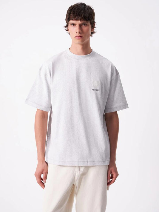 Image of a model wearing Tops. Productname: Article One Article Heart Tee in Ash Marle colour by brand - Article One