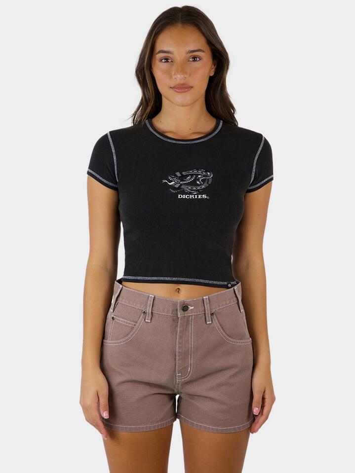 Image of a model wearing Tops. Productname: Dickies Ribbed Baby Tee in Black Acid Wash colour by brand - Dickies