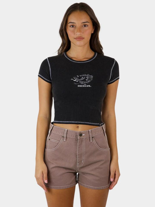 Image of a model wearing Tops. Productname: Dickies Ribbed Baby Tee in Black Acid Wash colour by brand - Dickies