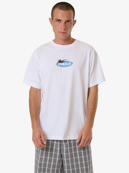 Image of a model wearing Tops. Productname: Thrills Trust In Us Tee in White colour by brand - Thrills