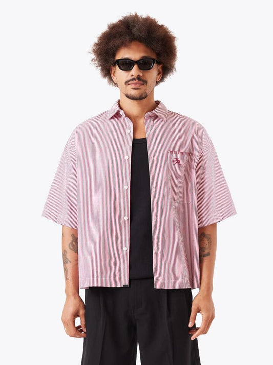 Image of a model wearing Tops. Productname: Zanerobe Box Crop Shirt in Red Stripe colour by brand - Zanerobe