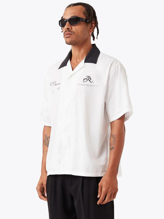 Image of a model wearing Tops. Productname: Zanerobe Design House Shirt in White/Black colour by brand - Zanerobe