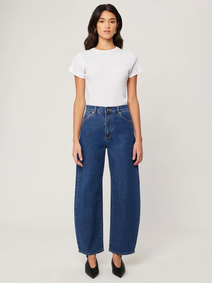 Image of a model wearing Denim. Productname: Rollas Gigi Barrel Jeans Forever Blue in DARK DENIM colour by brand - Rollas