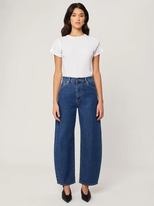 Image of a model wearing Denim. Productname: Rollas Gigi Barrel Jeans Forever Blue in DARK DENIM colour by brand - Rollas