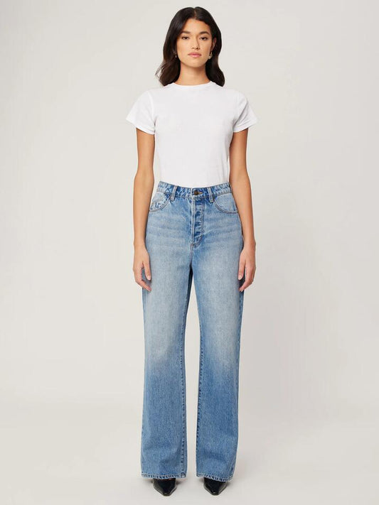 Image of a model wearing Denim. Productname: Rollas Stevie Relaxed Brad Blue in BRAD BLUE colour by brand - Rollas