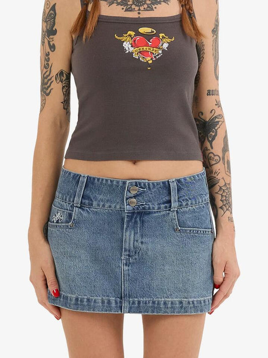 Image of a model wearing Skirts. Productname: Worship Eat Ur Heart Out Micro Skirt in Dirty Rage Blue colour by brand - Worship