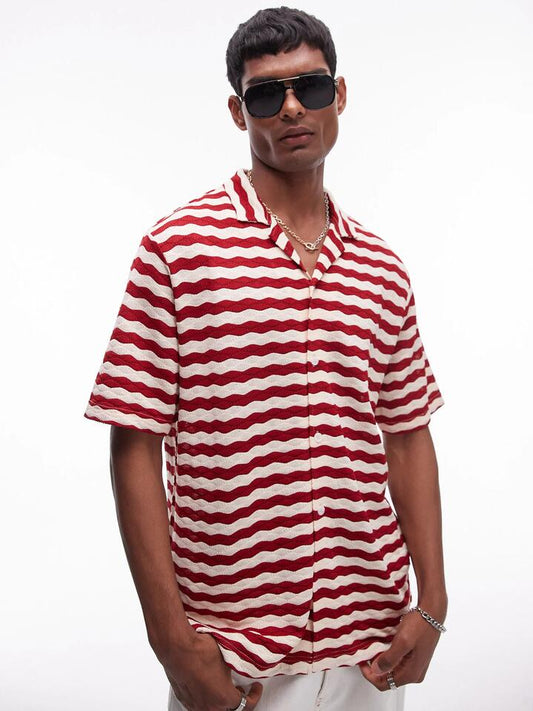 Image of a model wearing Shorts. Productname: Topman Short Sleeve Stripe Crochet Holiday Shirt in RED colour by brand - Topman