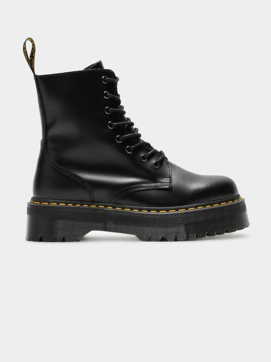 Image of Heels. Productname: Dr Martens Unisex Jadon 8 Eyelet Lace Up Platform Boots in Black colour by brand - Dr Martens