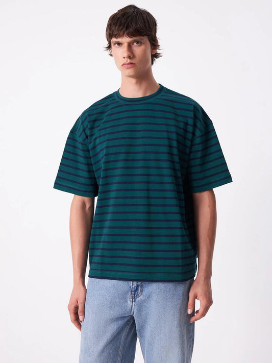 Image of a model wearing Tops. Productname: Article One Stripey Tee in Green Stripe colour by brand - Article One