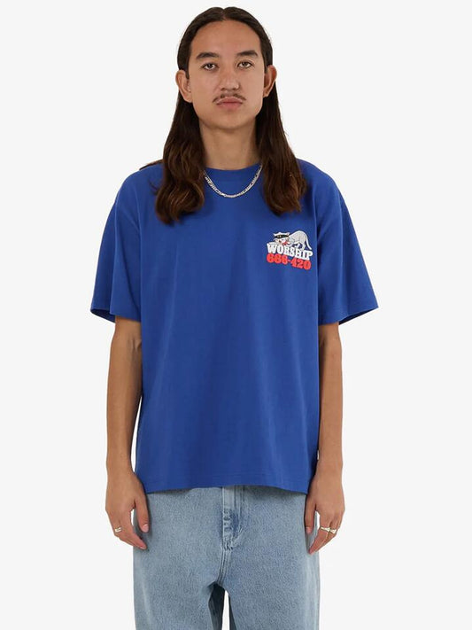 Image of a model wearing Tops. Productname: Worship Cat Burglar Tee in Surf Blue colour by brand - Worship