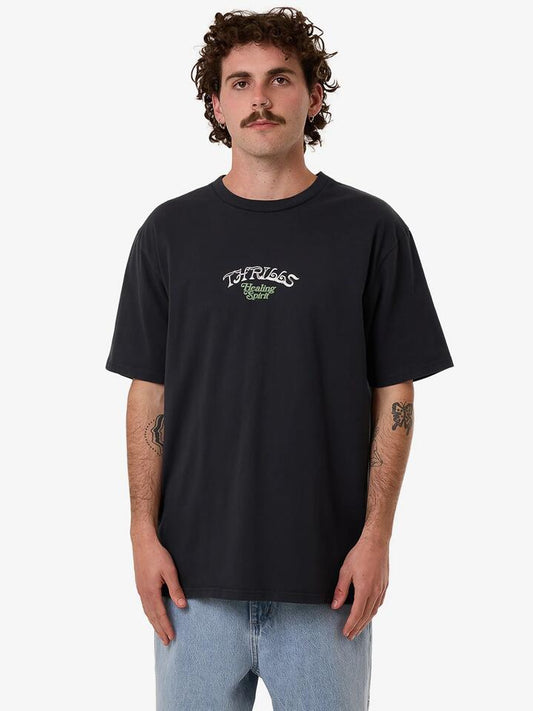 Image of a model wearing Tops. Productname: Thrills Searchers Oversize Fit Tee in Twighlight Black colour by brand - Thrills
