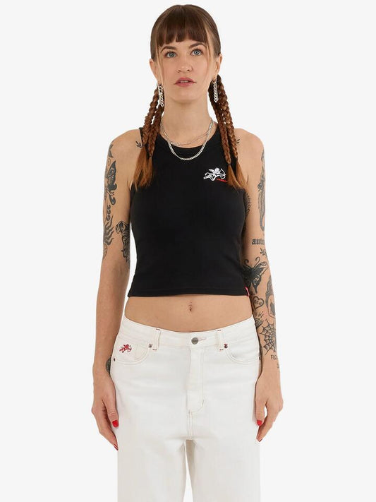 Image of a model wearing Tops. Productname: Worship Cherub Longline Tank in BLACK colour by brand - Worship
