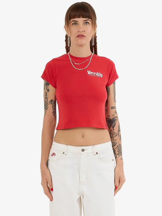 Image of a model wearing Tops. Productname: Worship Smoko Teeny Tee in LUCKY RED colour by brand - Worship