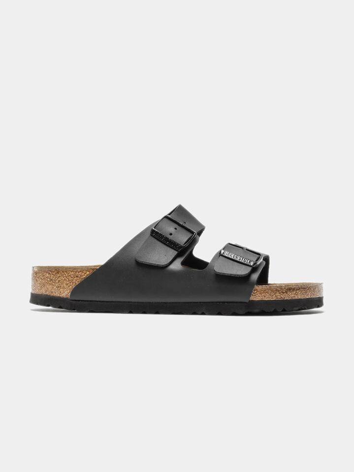 Image of Shoes. Productname: Birkenstock Unisex Arizona Soft Footbed Birko-Flor Regular Width in Black colour by brand - Birkenstock