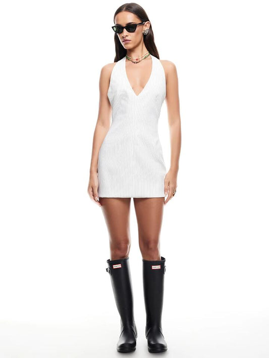 Image of a model wearing Dress. Productname: Lioness Mariner Mini Dress in Foam Pinstripe colour by brand - Lioness