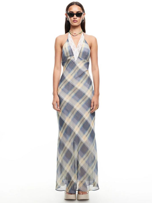 Image of a model wearing Dress. Productname: Lioness Shoreline Maxi Dress in Blue Check colour by brand - Lioness