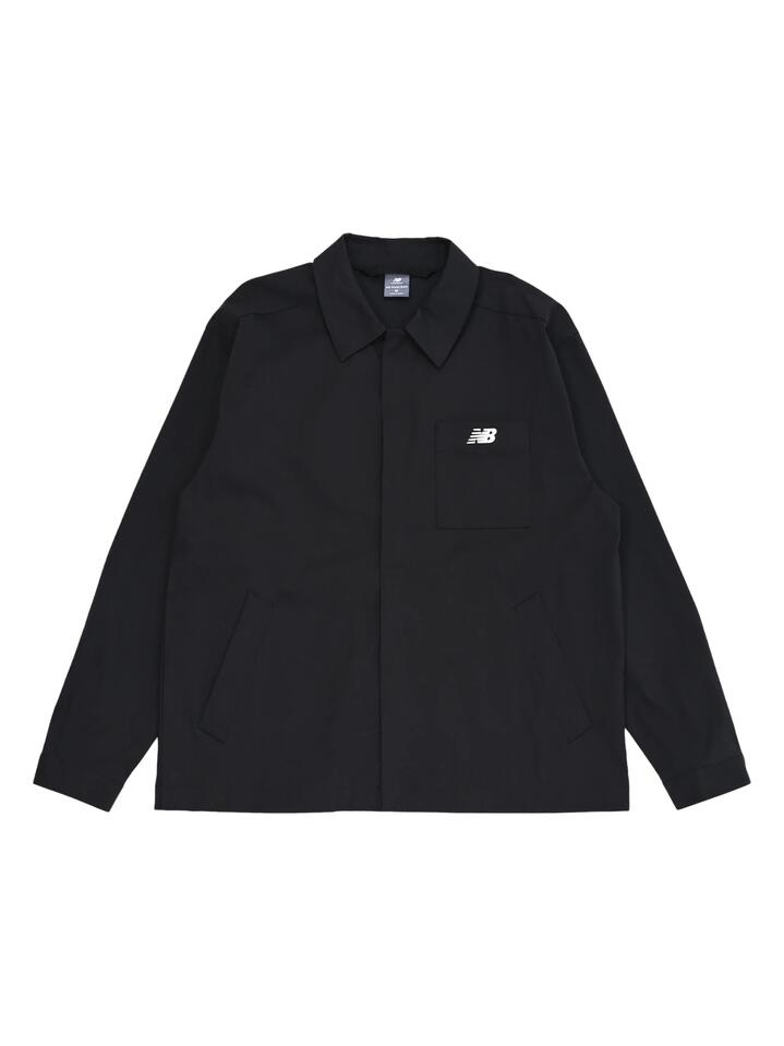 Image of a model wearing Outerwear. Productname: New Balance Coaches Twill Jacket in Black colour by brand - New Balance