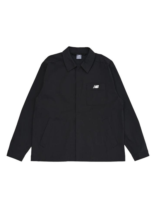 Image of a model wearing Outerwear. Productname: New Balance Coaches Twill Jacket in Black colour by brand - New Balance