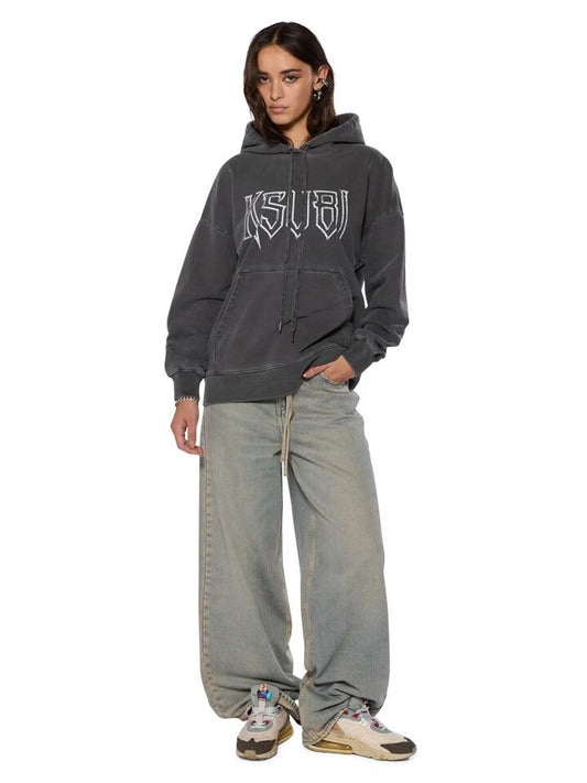 Image of a model wearing Outerwear. Productname: Ksubi Kingdom OH G Hoodie in CHARCOAL colour by brand - Ksubi