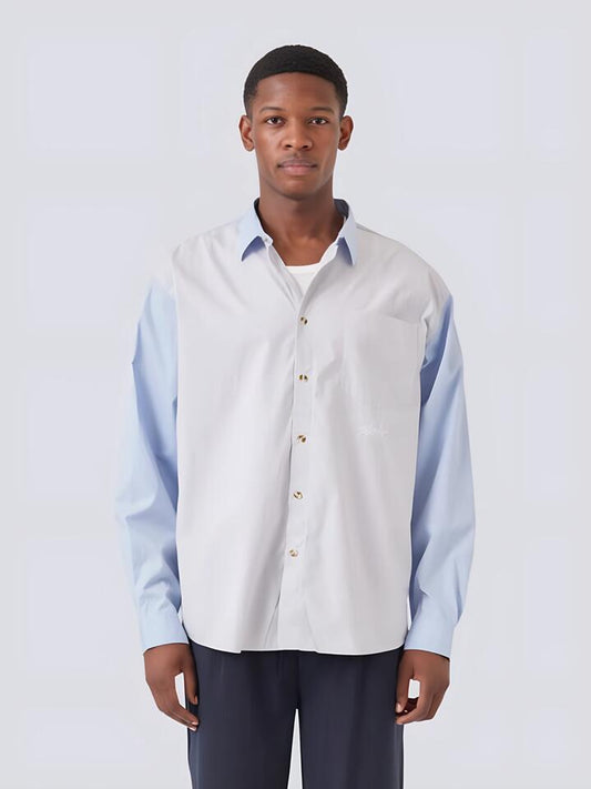 Image of a model wearing Tops. Productname: Barney Cools Boxy Long Sleeve Shirt in Blue colour by brand - Barney Cools