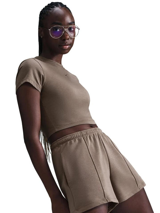 Image of a model wearing Tops. Productname: Nike Nike Sportswear Chill Knit Women's Cropped T-Shirt in MINK BROWN colour by brand - Nike