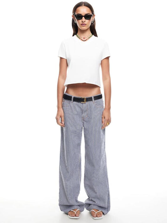 Image of a model wearing Denim. Productname: Lioness Top Model Jean in Navy Stripe colour by brand - Lioness