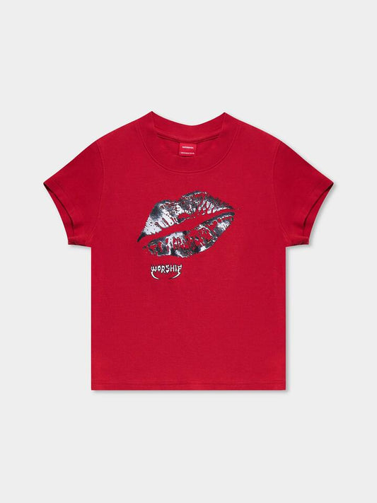 Image of a model wearing Tops. Productname: Worship Kiss Me Teeny Tee in LUCKY RED colour by brand - Worship