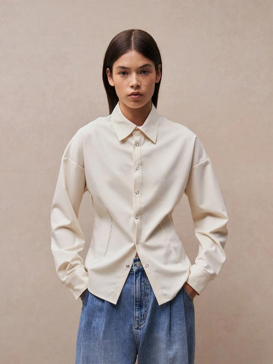 Image of a model wearing Tops. Productname: MSE Press Stud Shirt in Ecru colour by brand - MSE