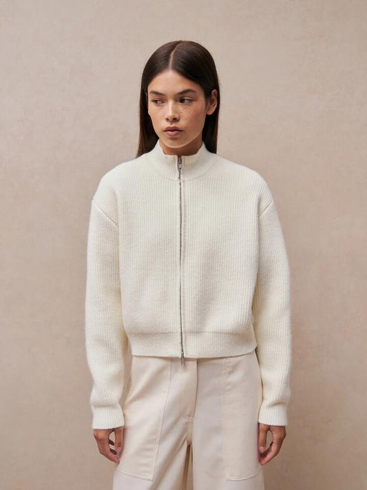 Image of a model wearing Tops. Productname: MSE Relaxed Zip Front Knit in Crema colour by brand - MSE