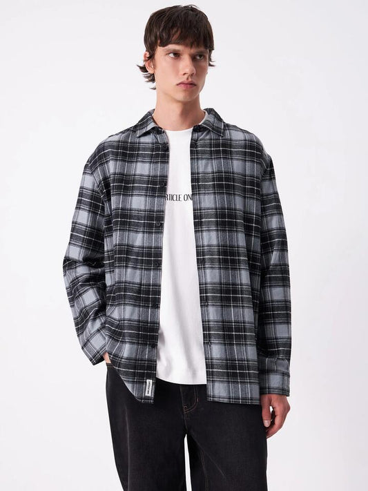 Image of a model wearing Tops. Productname: Article One Martin Flannel Shirt in Grey/Check colour by brand - Article One