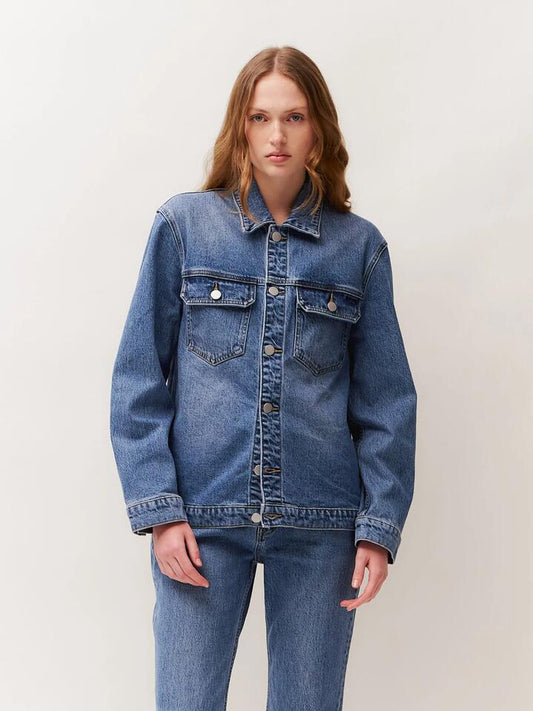 Image of a model wearing Denim. Productname: Lulu & Rose Freja Denim Jacket in Classic Blue colour by brand - Lulu & Rose