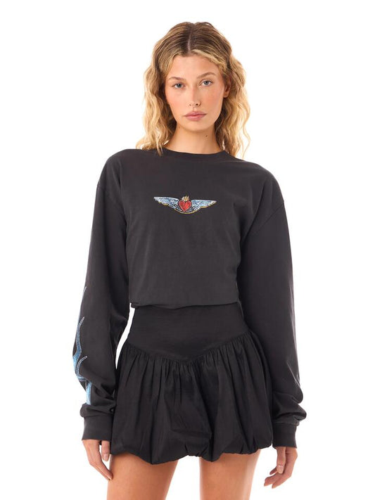 Image of a model wearing Tops. Productname: Felle Bondi Lovers Long Sleeve Moto in Washed Black colour by brand - Felle