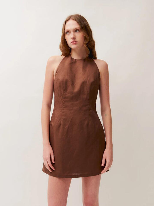 Image of a model wearing Dress. Productname: Lulu & Rose Amber Halter Dress in Chestnut colour by brand - Lulu & Rose
