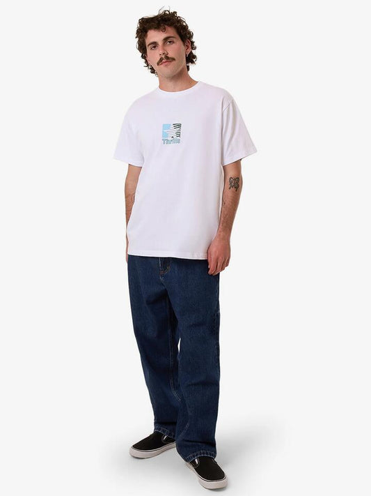 Image of a model wearing Denim. Productname: Thrills Hazed Merch Fit T in White colour by brand - Thrills