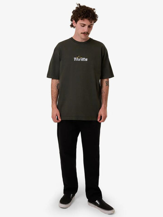 Image of a model wearing Denim. Productname: Thrills Solace of Nature Oversize T in Oil Green colour by brand - Thrills