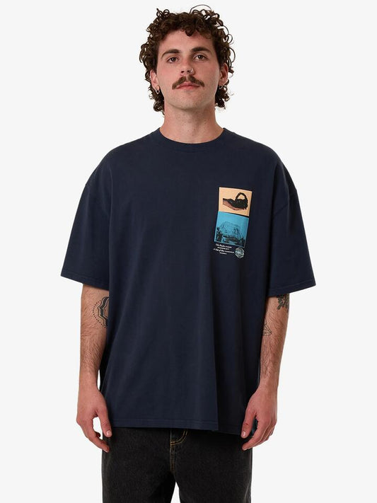 Image of a model wearing Denim. Productname: Thrills Chaotic State Box Fit Oversize T in Eclipse colour by brand - Thrills