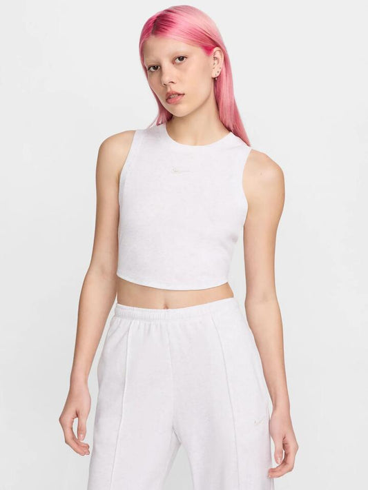 Image of a model wearing Tops. Productname: Nike Sportswear Chill Knit Mini-Rib Tank Top in BIRCH HEATHER/LT OREWOOD BRN colour by brand - Nike