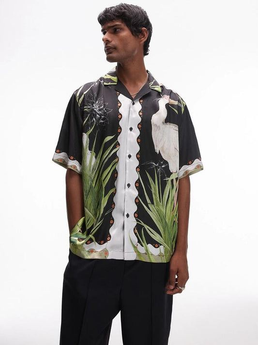 Image of a model wearing Tops. Productname: Topman Satin Heron Shirt in Black colour by brand - Topman