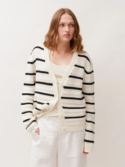Image of a model wearing Outerwear. Productname: Lulu & Rose Jardin Stripe Cardigan in Cream/Black Stripe colour by brand - Lulu & Rose