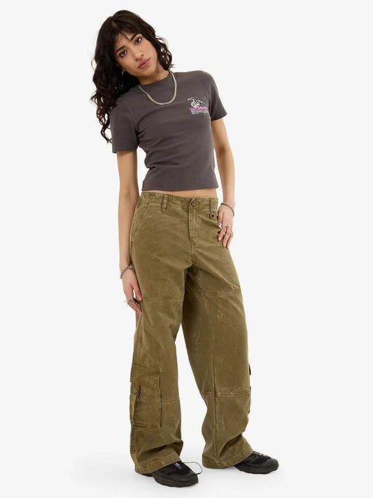 Image of a model wearing Pants. Productname: Worship Service Cargo Pant in Khaki Oil Wash colour by brand - Worship